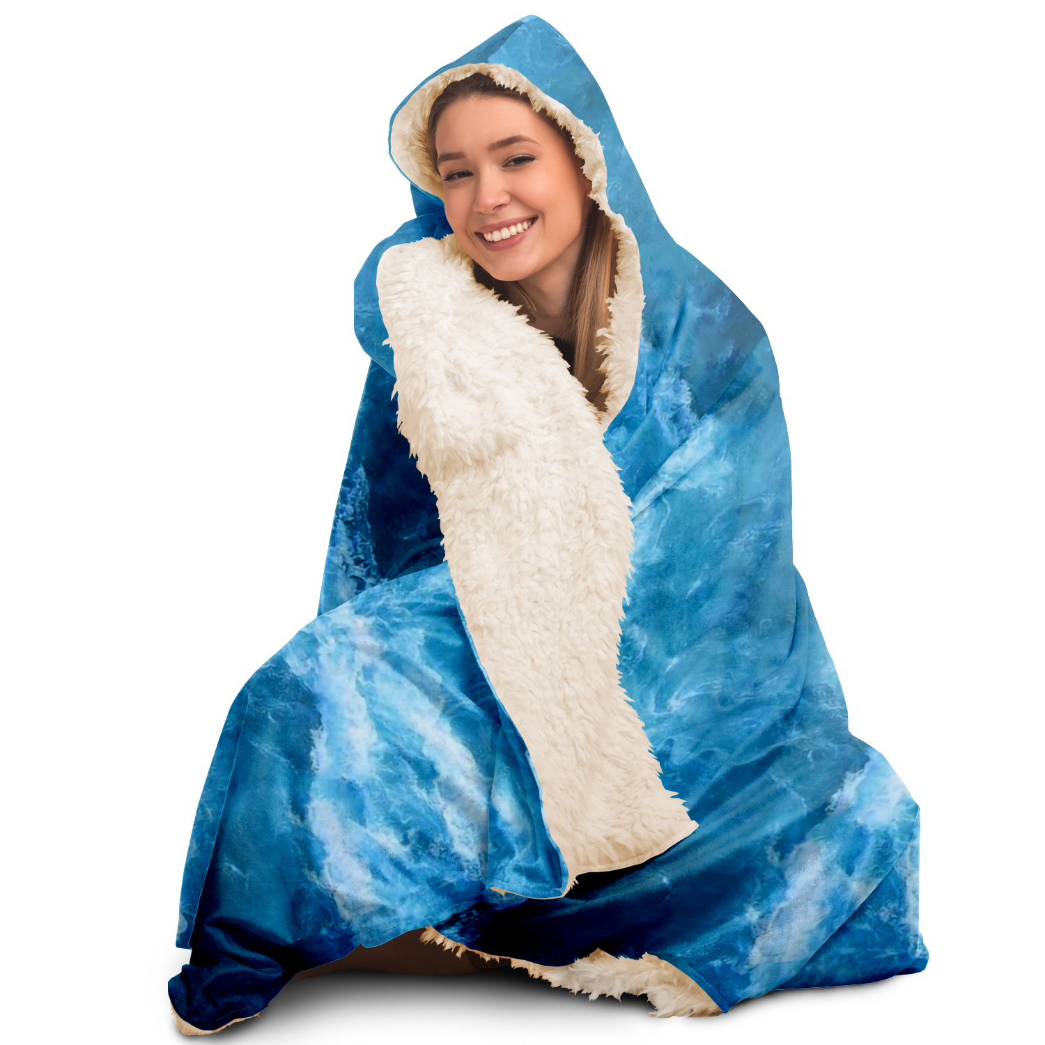 Ocean hooded blanket sherpa-style seated view