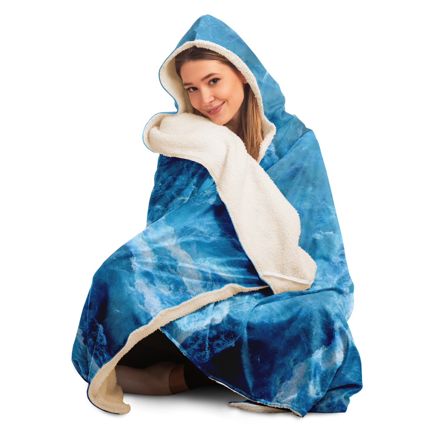 Ocean hooded blanket microfiber seated view