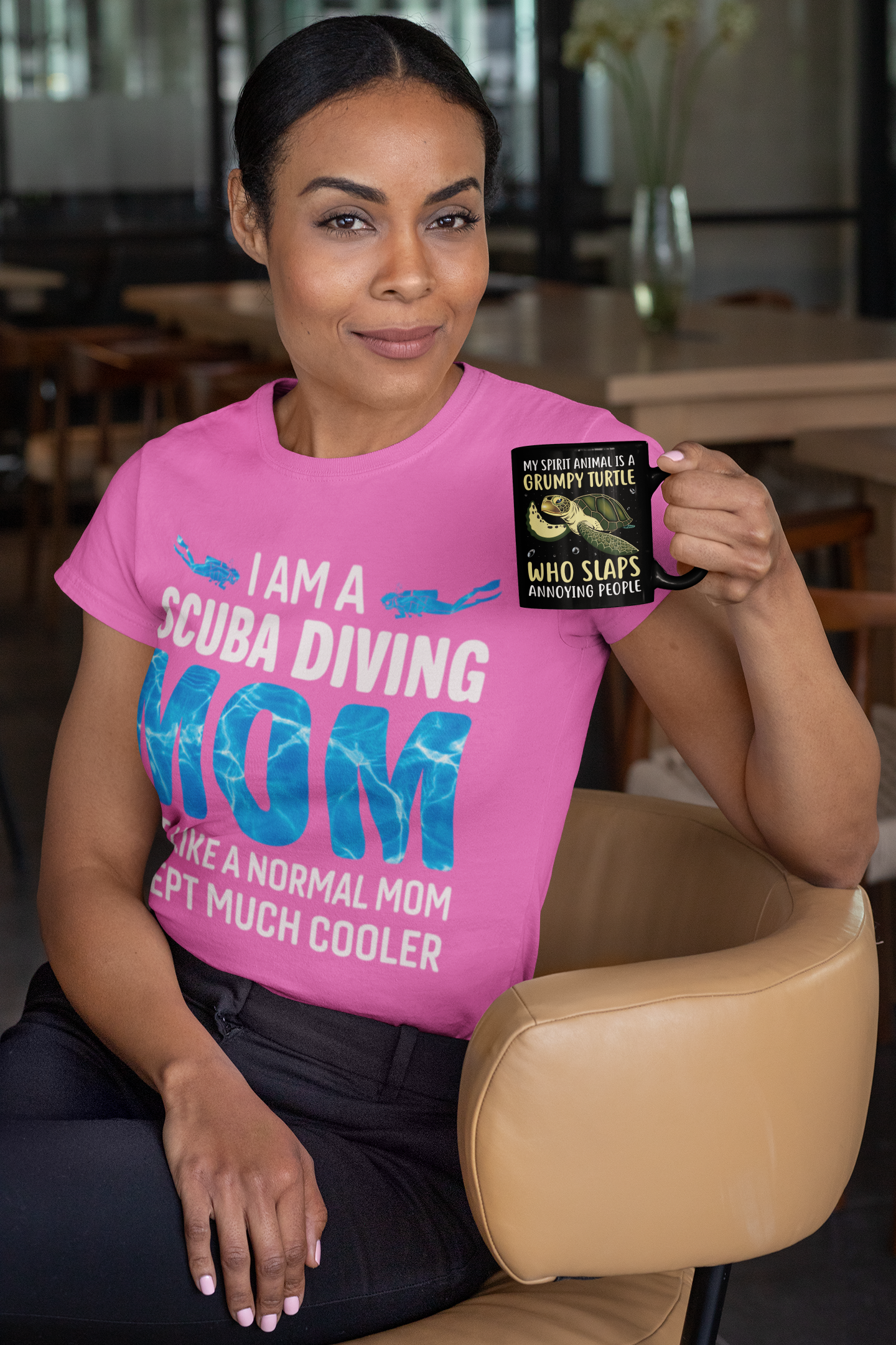 I am a scuba diving mom. Just like a normal mom except much cooler pink tshirt worn by woman holding grumpy turtle coffee cup